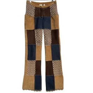 Wilsons Leather Suede Patchwork Pants Size 4 Boho Crochet Denim Flare Festival